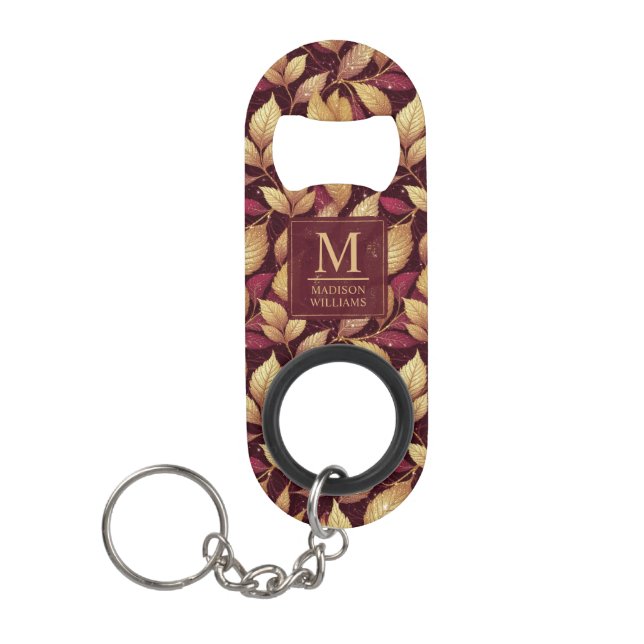 Red Maroon Gold Glitter Autumn Leaves Pattern Keychain Bottle Opener (Front)
