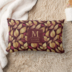 Red Maroon Gold Glitter Autumn Leaves Pattern Lumbar Pillow