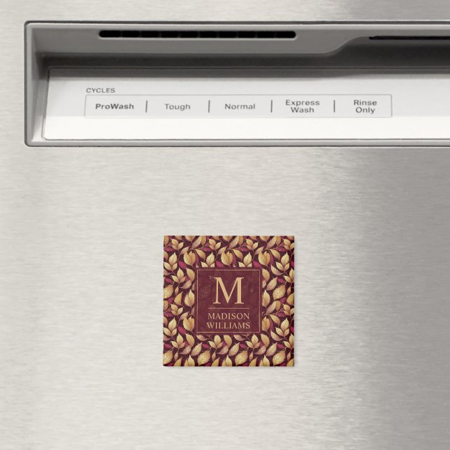 Red Maroon Gold Glitter Autumn Leaves Pattern Magnet (In Situ (Dishwasher))