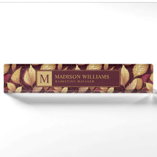 Red Maroon Gold Glitter Autumn Leaves Pattern Nameplate