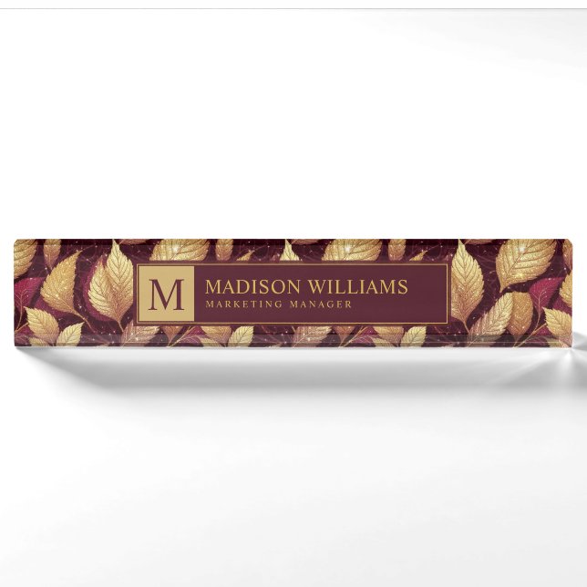 Red Maroon Gold Glitter Autumn Leaves Pattern Nameplate (Front)