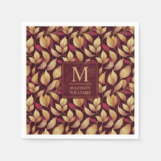 Red Maroon Gold Glitter Autumn Leaves Pattern Napkin (Front)