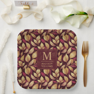 Red Maroon Gold Glitter Autumn Leaves Pattern Paper Plate