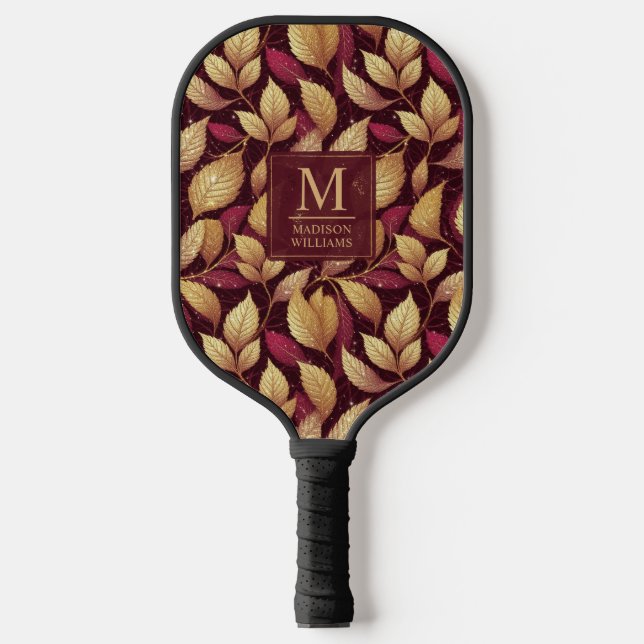 Red Maroon Gold Glitter Autumn Leaves Pattern Pickleball Paddle (Front)