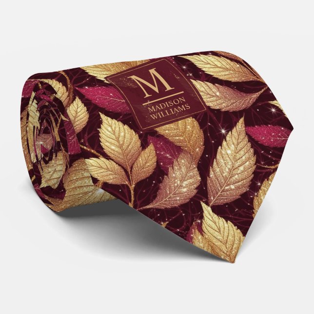 Red Maroon Gold Glitter Autumn Leaves Pattern Tie (Rolled)