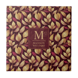 Red Maroon Gold Glitter Autumn Leaves Pattern Tile