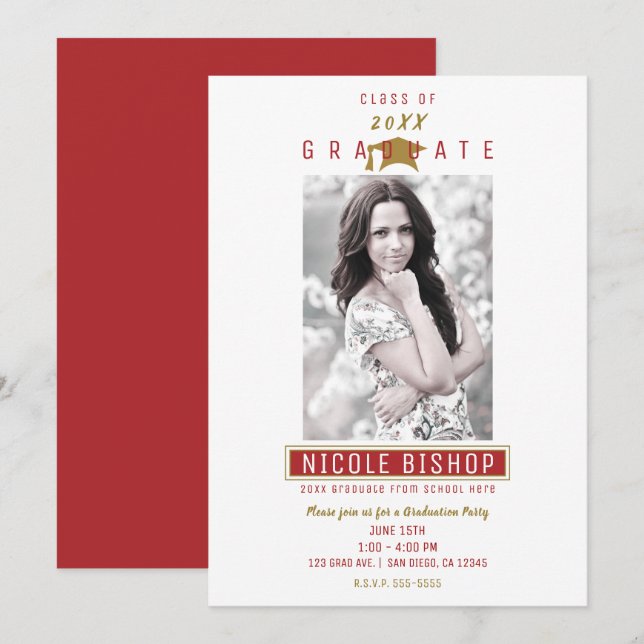 Red Maroon Gold White Graduation Party  Invitation (Front/Back)