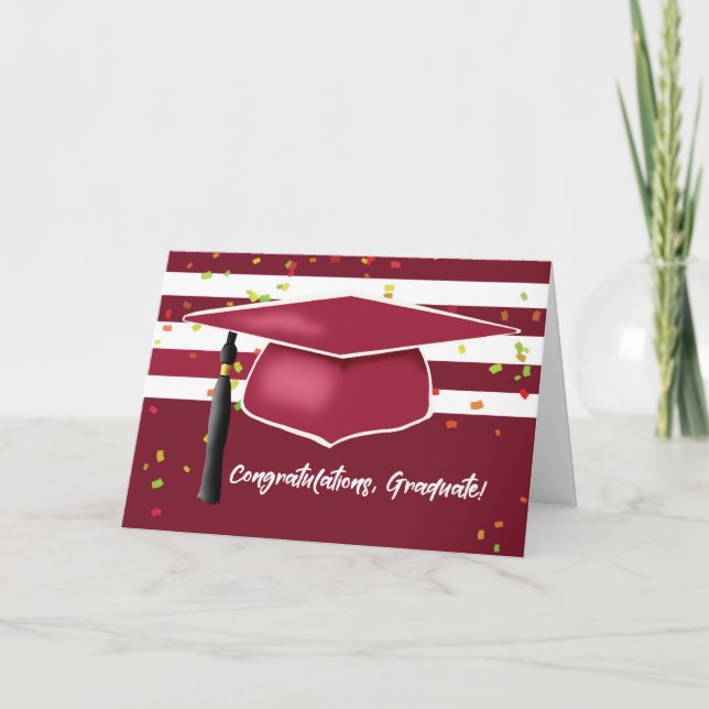 Red Maroon Graduation With Cap Black White Stripes Card (Front)