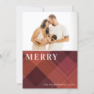 Red Maroon Marsala Plaid 1 Photo Merry Christmas Holiday Card