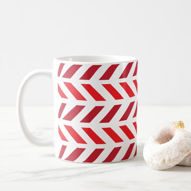 Red Maroon Stripe Chevron Zigzag Pattern Coffee Mug (With Donut)