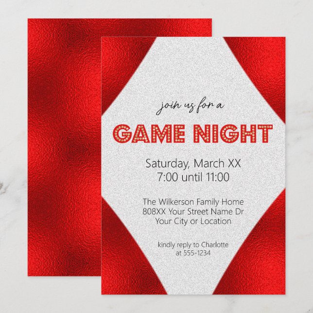 Red Marquee Sign Game Night Party Invitation (Front/Back)