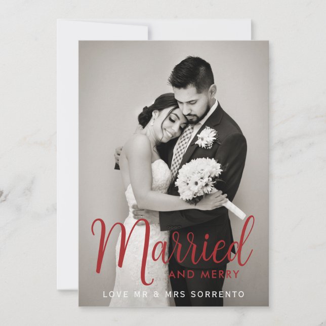 Red Married and Merry Newlywed Photo Christmas Holiday Card (Front)