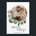 Red Married and Merry Photo wreath 1st Christmas Holiday Card<br><div class="desc">Personalize this Christmas flat card with your favorite wedding photo. Featuring my modern greenery wreath ring with a modern script font for "Married and Merry". Announce your wedding with a special card from your 1st (first) Christmas together, include a heartfelt message to family and friends for their love and support....</div>