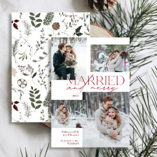 Red Married & Merry Modern Photo Newlywed Holiday Card