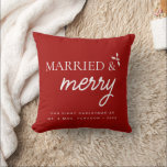 Red Married & Merry Our first Christmas Newlywed Throw Pillow<br><div class="desc">Celebrate your first Christmas together as newlyweds with our "Red Married & Merry Our First Christmas" Custom Pillow. This festive and personalized pillow adds a cozy touch to your holiday decor and makes for a memorable keepsake. Custom Newlywed Keepsake: Personalize this pillow with your names and the year of your...</div>