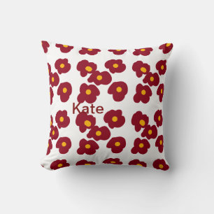 Red marron flower pattern add name text message  throw pillow