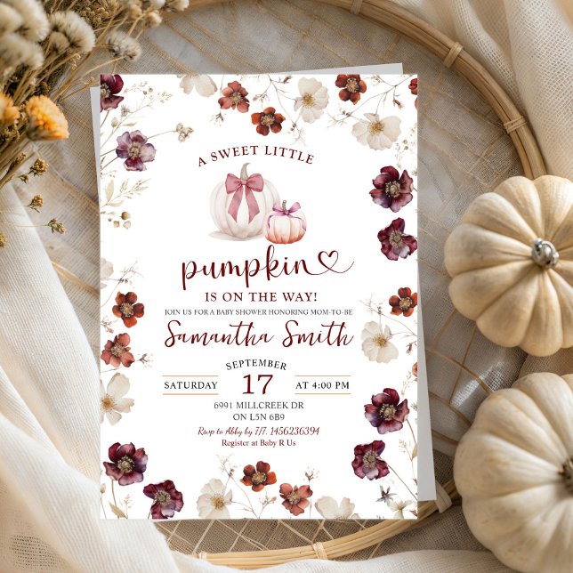 Red Marsala Autumn Wildflower Pumpkin Baby Shower Invitation (Creator Uploaded)