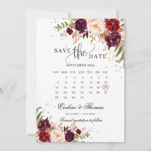 Red marsala blush burgundy pink floral gold save the date