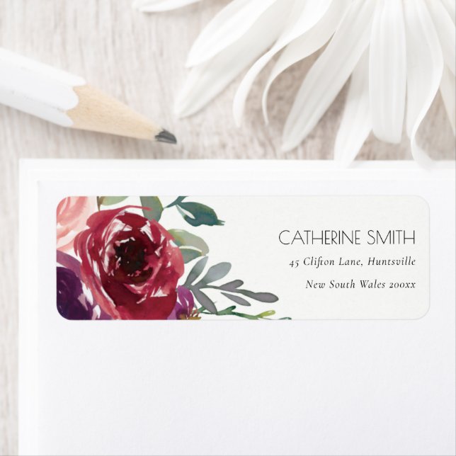 RED MARSALA BLUSH ROSE WATERCOLOR FLORAL ADDRESS (Insitu)