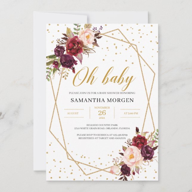 Red marsala gold geometric frame baby shower invitation (Front)
