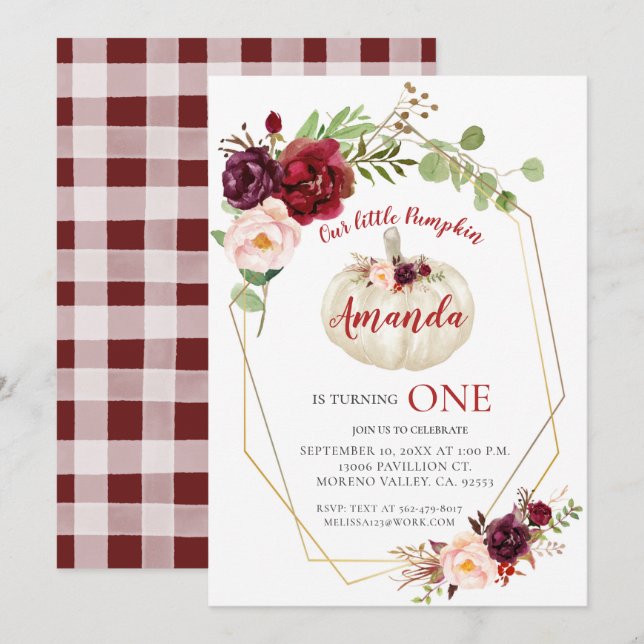 Red Marsala White Pumpkin is Turning One Birthday  Invitation (Front/Back)