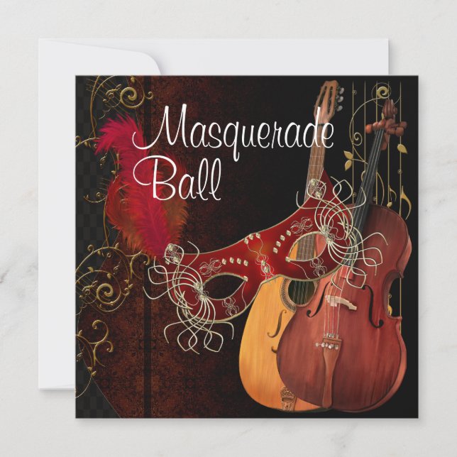 Red Mask Musical Instruments  Masquerade Ball Invi Invitation (Front)