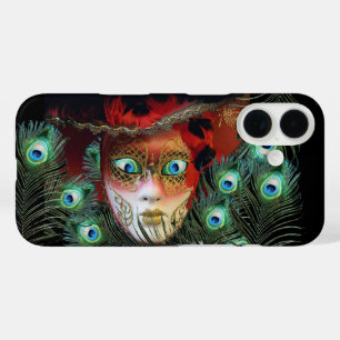 RED MASK WITH  PEACOCK FEATHERS MASQUERADE PARTY iPhone 16 CASE
