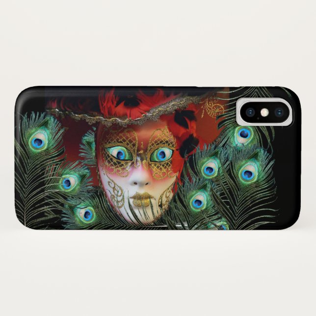 RED MASK WITH  PEACOCK FEATHERS MASQUERADE PARTY Case-Mate iPhone CASE (Back (Horizontal))