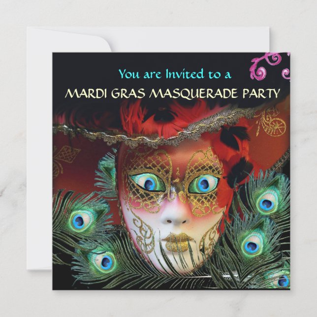 RED MASK WITH  PEACOCK FEATHERS MASQUERADE PARTY INVITATION (Front)