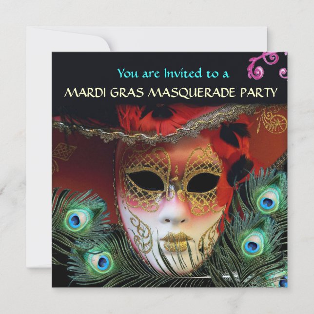 RED MASK WITH  PEACOCK FEATHERS MASQUERADE PARTY INVITATION (Front)