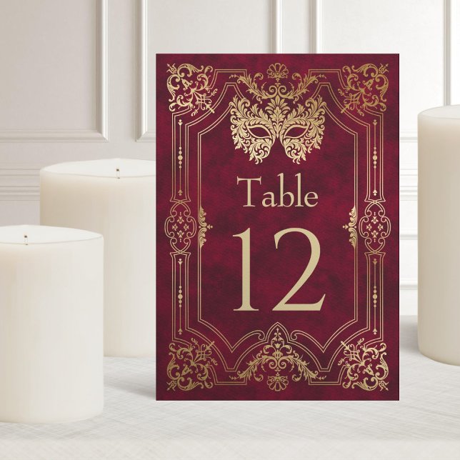 Red Masquerade Mask Elegant Quinceanera Table Number (Creator Uploaded)