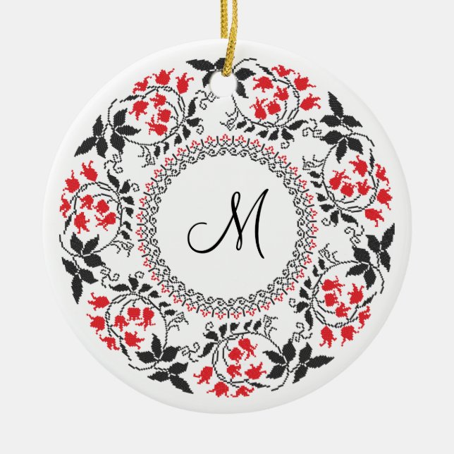 Red May lily ring Personalized Monogram Initial Ceramic Ornament (Front)