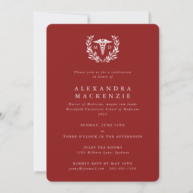 Red MD Caduceus+Laurel Wreath Graduation Invitation (Front)