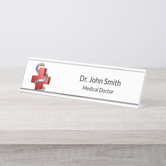 Red Medical Cross Silver Serpent Snake Symbol Desk Name Plate (Front)