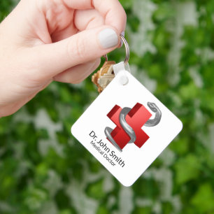 Red Medical Cross Silver Serpent Snake Symbol  Keychain