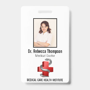 Red Medical Cross Silver Symbol Serpent Photo ID Badge