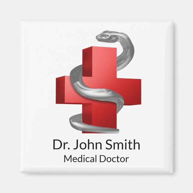 Red Medical Cross Silver Symbol Serpent Snake Magnet (Front)