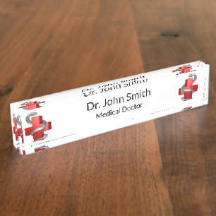 Red Medical Cross Silver Symbol Serpent Snake Nameplate