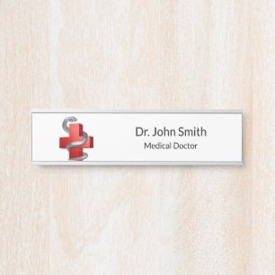 Red Medical Cross Symbol Serpent Silver Snake Door Sign