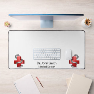 Red Medical Cross Symbol Silver Serpent Snake Desk Mat