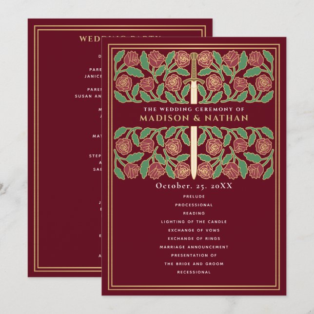 Red Medieval Gold Floral Sword Royal Wedding Program (Front/Back)