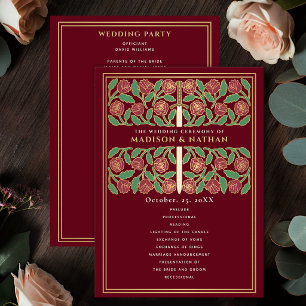 Red Medieval Gold Floral Sword Royal Wedding Program