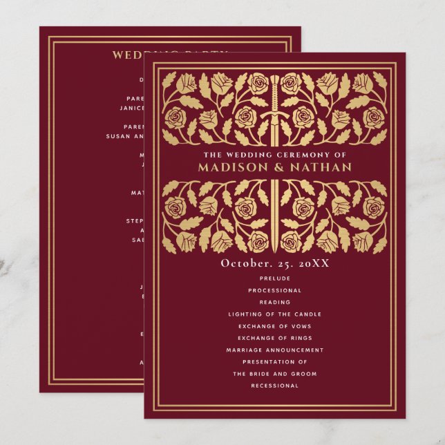 Red Medieval Gold Sword Royal Wedding Program (Front/Back)