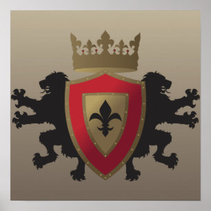 Red Medieval Lion Heraldry Poster