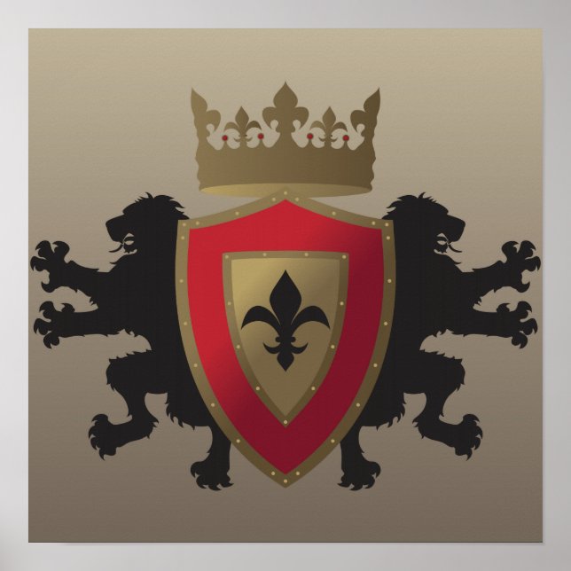 Red Medieval Lion Heraldry Poster (Front)
