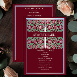 Red Medieval Silver Floral Sword Royal Wedding Program