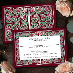 Red Medieval Silver Floral Sword Royal Wedding RSVP Card