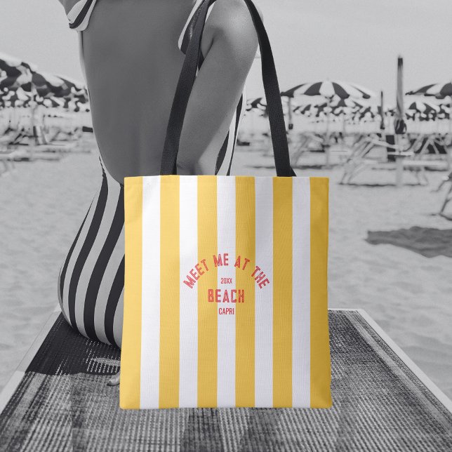 Red Meet Me At The Beach Yellow Cabana Stripe Tote Bag (Creator Uploaded)