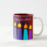 Red Menorah Candles Happy Hanukkah Script Bold Two-Tone Coffee Mug<br><div class="desc">“Happy Hanukkah.” Here’s an easy way to get in the holiday mood each morning. Add extra sparkle to your day whenever you relax with your favourite beverage in this colourful, custom Hanukkah coffee mug. A playful, artsy illustration of blue menorah candles with colourful faux foil patterns and handwritten script overlay...</div>