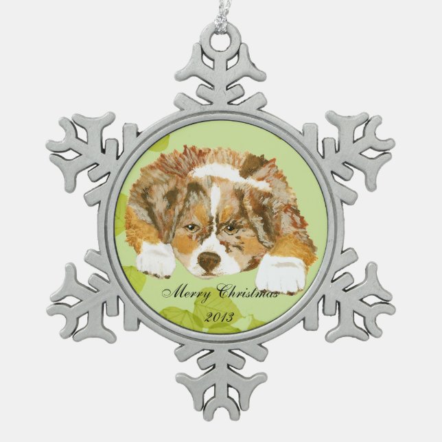 Red Merle Aussie Puppy on Green Leaves Snowflake Pewter Christmas Ornament (Front)